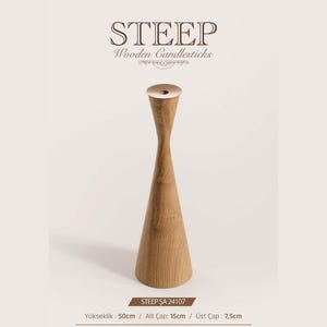 May include: A light brown wooden candlestick with a tapered waist and a wide base. The text STEEP Wooden Candlesticks is at the top. The base is 15 cm, the top diameter is 7.5 cm, and the height is 50 cm. The product code STEEP SA 24107 is visible.