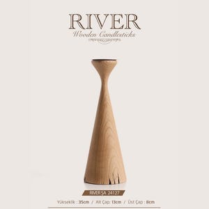 May include: A light-colored wooden candlestick with a tapered, hourglass-like silhouette and visible wood grain. The base features natural wood cracks. Text on the image reads RIVER Wooden Candlesticks, RIVER SA 24127, Height: 35cm, Base Diameter: 13cm, Top Diameter: 8cm.