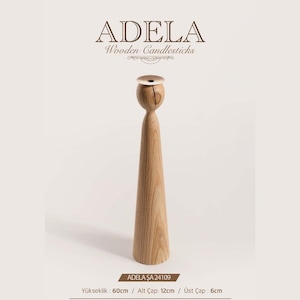 May include: A tall, light-brown wooden candlestick with a tapered, conical base and a rounded top section featuring a visible natural wood grain and a small crack. The top includes a circular metal insert. Text reads ADELA Wooden Candlesticks.
