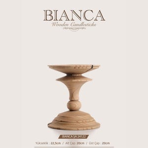 May include: A light-colored wooden candlestick with a wide top plate, a central spherical accent, and a broad circular base. The text BIANCA Wooden Candlesticks is visible above, with BIANCA SA 24122 and dimensions 22.5cm height, 20cm base diameter, and 20cm top diameter below.