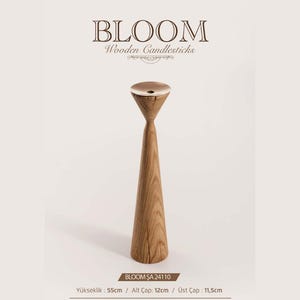 May include: A tall wooden candlestick labeled BLOOM Wooden Candlesticks with a conical base and a flat circular top. The object has a height of 55 cm, a base diameter of 12 cm, and a top diameter of 11.5 cm. The wood grain is visible throughout.