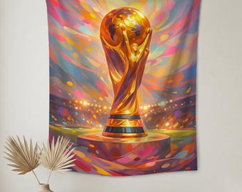 Soccer Trophy Tapestry,Colorful Swirl Wall Art,Golden Football Cup Decor, Vibrant Stadium Scene Tapestry, Peronalized Gift for Football Fans