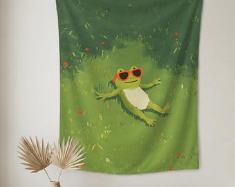 Arazzo personalizzato con nome raffigurante una simpatica rana con occhiali da sole, decorazione murale con rana verde e rilassante, divertente quadro con rana per un arredamento accogliente e di tendenza.