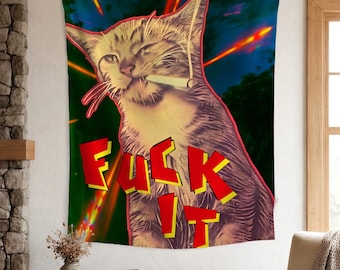 Arazzo retrò con gatto, divertente arazzo punk neon da parete, poster di gatto massimalista colorato, regalo artistico audace per gli amanti dei gatti, Moody Accent XL