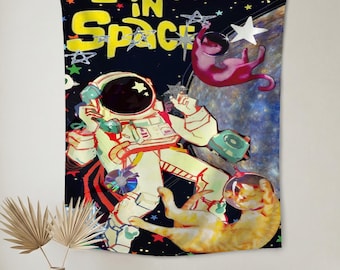 Retro Space Cat Tapestry, Psychedelic Cosmic Wall Hanging, Colorful Astronaut Galaxy Poster Decor, Maximalist Gifts, Geeky Cosmic Wall Gifts