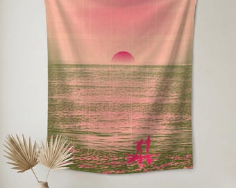 Pink Ocean Sunset Tapestry, Coastal Sea Wall Hanging, Soft Beach Room Decor, Dreamy Sunrise Landscape Art For Bedroom, Seaside Wall Art Gift