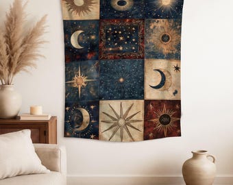 Celestial Patchwork Tapestry,Sun Moon Motifs Wall Hanging,Custom Decor,Bohemian Cosmic Tapestry,Mystic Astrology Art Decor,For Bedroom Decor