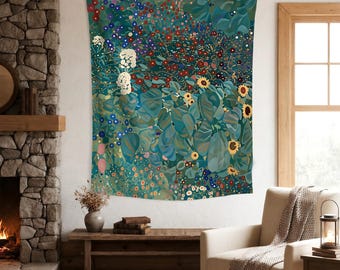 Arazzo artistico con prato fiorito, decorazione murale floreale in stile boho, decorazione personalizzata, estetica rustica da giardino, arazzo floreale lussureggiante, per l'arredamento del soggiorno