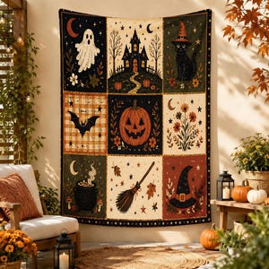 May include: A rectangular wall tapestry featuring a nine-panel grid design with Halloween motifs including a ghost, a haunted house, a black cat in a witch hat, a bat, a jack-o'-lantern, flowers, a cauldron, a broomstick, and a witch hat.
