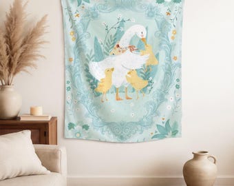 Tapiz de ganso adorable, arte de animales de granja para colgar en la pared, decoración personalizada, decoración en verde menta pastel, tapiz con delicados motivos florales, para la decoración de la pared de la habitación del bebé.