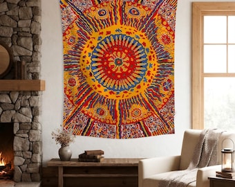 Vibrant Mandala Tapestry,Bold Sunburst Pattern Wall Hanging,Custom Tapestry,Bohemian Floral Decor,Symmetrical Tapestry,For Living Room Decor
