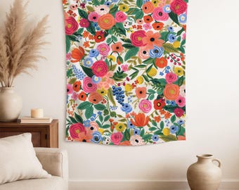 Arazzo con coloratissimi fiori estivi, arazzo botanico vintage da parete, decorazione personalizzata, decorazione floreale boho, arazzo con fiori lussureggianti, per l'arredamento del soggiorno.