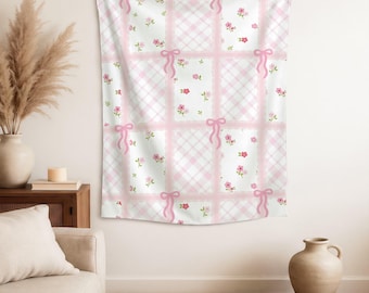 Arazzo a quadretti rosa, arazzo da parete in stile vintage preppy, decorazione personalizzata, decorazione con delicato motivo a fiocco, arazzo con motivi floreali, per l'arredamento del soggiorno.