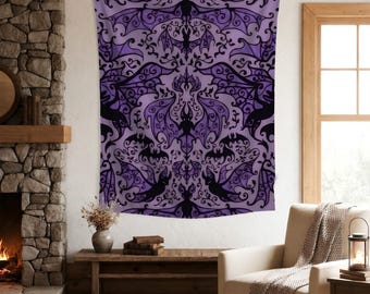 Arazzo viola con motivo simmetrico a forma di volto, arazzo da parete in stile dark fantasy, arazzo vintage di Halloween, decorazione artistica gotica, per la camera da letto.