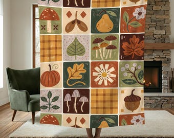 Arazzo patchwork autunnale, arazzo da parete vintage con motivi botanici autunnali, decorazione personalizzata, arazzo con funghi, decorazione estetica autunnale, per la decorazione della camera da letto.