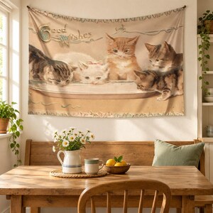 Five Kittens Good Wishes Tapestry, Vintage Beige Cat Illustration Wall Hanging, Bedroom Wall Decor, Living Room Art, Gift for Cat Lover