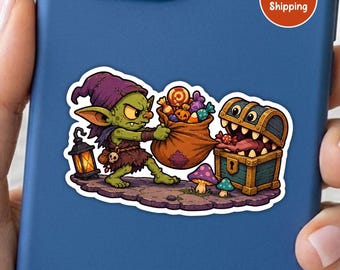 May include: A sticker featuring a green goblin wearing a purple hat and tunic, holding a brown sack filled with colorful candies. Next to the goblin is a wooden treasure chest with a long tongue and sharp teeth, a lantern, and two mushrooms.
