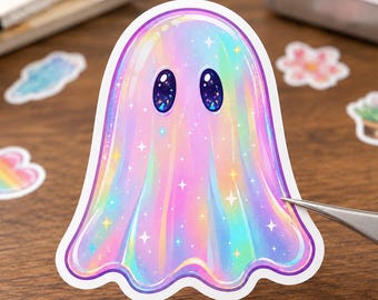 May include: A die-cut sticker of a ghost featuring a holographic, iridescent finish with a spectrum of pastel colors. The ghost has large, dark, starry eyes and is decorated with small white four-pointed star accents across its translucent body.