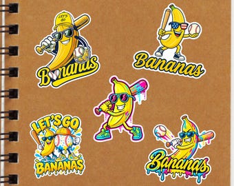 May include: Five stickers featuring yellow cartoon bananas playing baseball. The designs include bananas wearing sunglasses, holding bats, and baseballs, with text reading "LET'S GO" and "Bananas" in various colorful, dripping, and bold fonts.