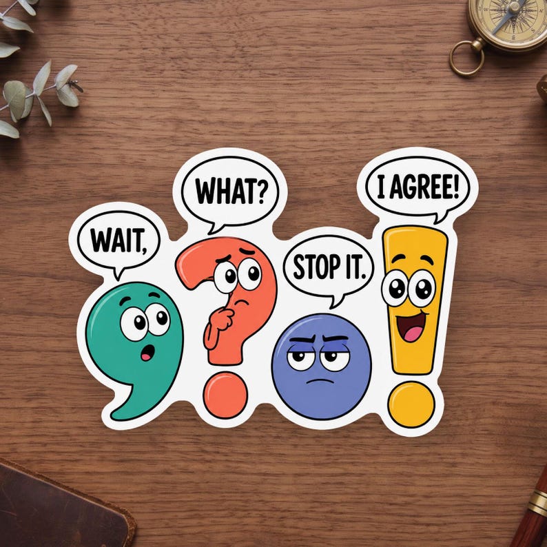 Op de afbeelding: Een gestanste sticker met vier geanimeerde leestekens met gezichten en tekstballonnen. Een groenblauwe komma zegt WAIT, een rood vraagteken zegt WHAT?, een blauwe punt zegt STOP IT. en een geel uitroepteken zegt I AGREE!.