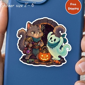 Grumpy Halloween Cat Sticker, Fantasy Adventurer With Friendly Ghost And Pumpkin Lantern, Gamer Gift For Cat Lovers And Readers