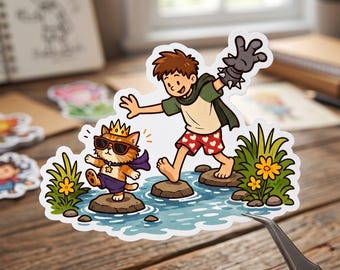 May include: A die-cut sticker featuring a cartoon boy with a spiked gauntlet and a cat wearing a crown, sunglasses, and a cape. Both characters are stepping on stones in a blue stream surrounded by green grass and yellow flowers.