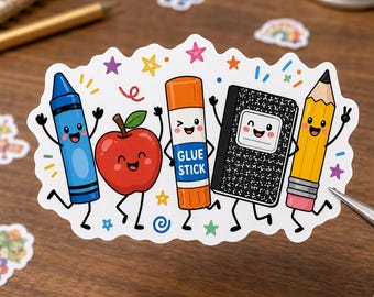 May include: A die-cut sticker featuring a cartoon blue crayon, a red apple, an orange glue stick labeled GLUE STICK, a black and white composition notebook, and a yellow pencil, all with smiling faces and limbs, surrounded by colorful stars.