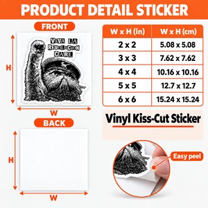 Op de afbeelding: Een vinyl kiss-cut sticker met een zwart-wit illustratie van een kat met een baret, een opgeheven poot en de tekst Viva La Revolucion Carl. Een maattabel toont afmetingen van 5,08x5,08 cm tot 15,24x15,24 cm.