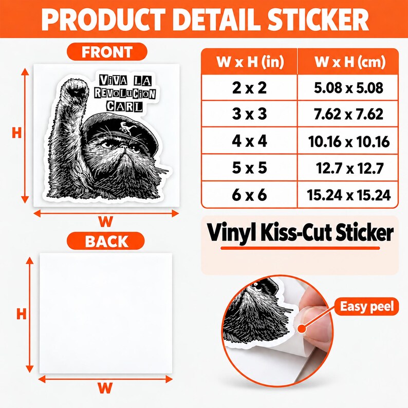 Op de afbeelding: Een vinyl kiss-cut sticker met een zwart-wit illustratie van een kat met een baret, een opgeheven poot en de tekst Viva La Revolucion Carl. Een maattabel toont afmetingen van 5,08x5,08 cm tot 15,24x15,24 cm.