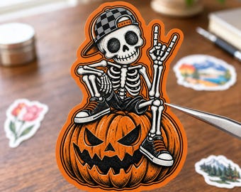 May include: A die-cut sticker featuring a white skeleton wearing a black and white checkered baseball cap and black sneakers, sitting on top of an orange jack-o'-lantern with a carved face. The skeleton is making a hand gesture with fingers raised.