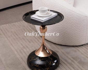 Mermaid Tail Coffee Table – Modern Metal Side Table with 360 Rotating Pedestal, 15.7 Round Compact Accent Table, Black
