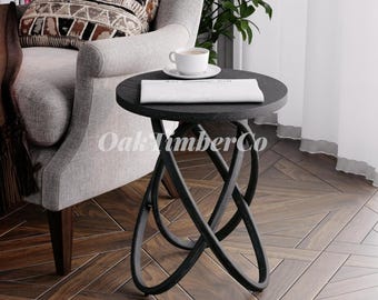 Farmhouse Round Table – Black Intertwined Line Design, Plant Stand, Rustic Wood with Easy Assembly, Living Room & Office