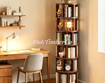 6 Tier Rotating Bookshelf – 360 Walnut Wood Tower with Wheels, Narrow Space‑Saving Spin Bookcase for Bedroom, Kids Room & Office