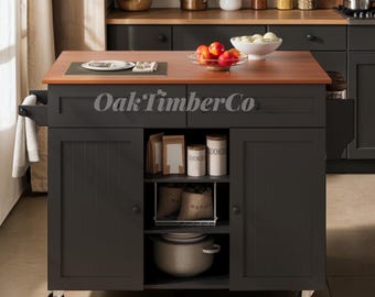 Black Kitchen Island Cart – Dropleaf, 2 Drawers, Spice Rack, Wheels – Compact 43″ W × 16″ D × 35″ H – Center Table