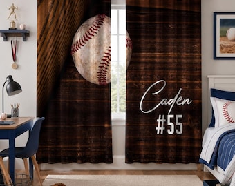 Cortinas con temática de béisbol y nombre, juego de cortinas personalizadas para ventanas, decoración para habitaciones infantiles con temática deportiva.