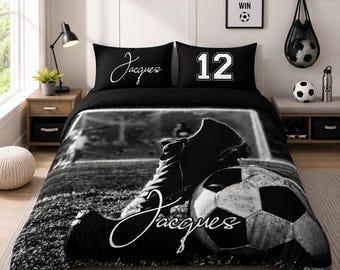 Juego de edredón de fútbol personalizado, ropa de cama de fútbol a medida, decoración de dormitorio de fútbol, ropa de cama con nombre para niños, regalo de fútbol para niños