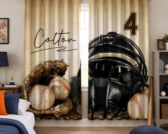 Cortinas para ventana de habitación de béisbol, juego de cortinas con nombre personalizado, decoración personalizada para dormitorio deportivo.