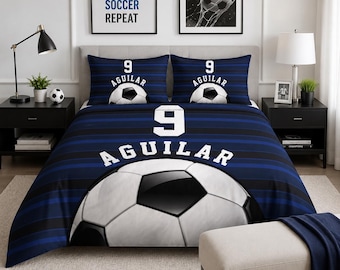 Custom Name Soccer Bedding, Personalized Football Bed Set, Soccer Duvet for Boys, Sports Room Decor, Soccer Lover Gift