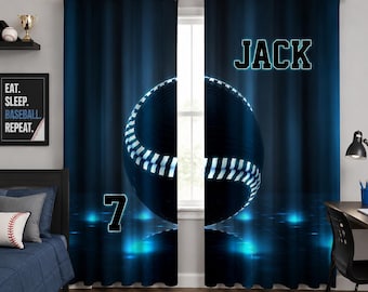 Cortinas de béisbol para dormitorio con nombre, cortinas personalizadas para ventanas, decoración personalizada para habitaciones deportivas.