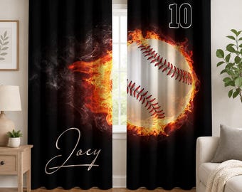 Cortina de béisbol con nombre personalizado, cortinas personalizadas para ventanas, decoración de dormitorio infantil con temática de béisbol.