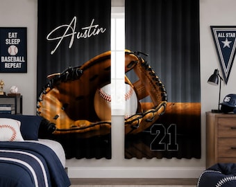 Cortinas de béisbol para habitación de niños, cortina personalizada con nombre, decoración deportiva para dormitorio.