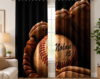 Cortina de béisbol personalizada, cortinas de béisbol con nombre personalizado, decoración deportiva para la habitación de los niños.