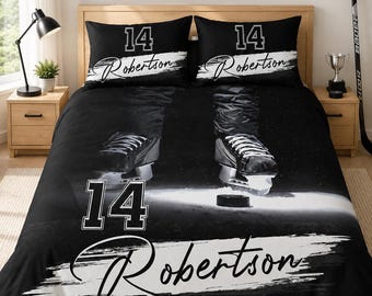 Juego de funda nórdica personalizada con nombre y número de jugador de hockey, decoración deportiva para dormitorio, ropa de cama de hockey personalizada