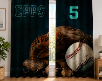 Cortinas de béisbol con nombre, cortinas deportivas personalizadas, decoración de dormitorio a medida para niños.