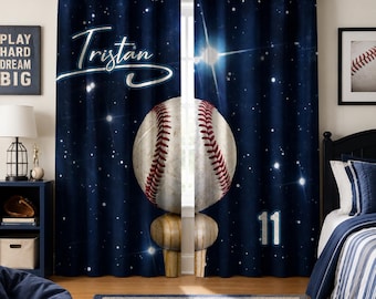 Cortinas personalizadas con motivos de béisbol, cortinas deportivas a medida, decoración de béisbol para habitaciones infantiles.