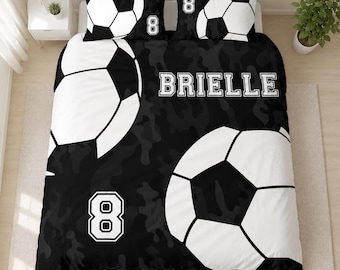 Juego de funda nórdica de fútbol con nombre personalizado, ropa de cama de fútbol personalizada, decoración para habitación de niños con temática deportiva.
