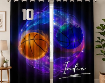Cortina de baloncesto personalizada para ventana, cortinas de baloncesto con nombre personalizado, decoración deportiva para habitaciones de niños, adolescentes y jóvenes.