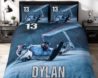 Personalized Hockey Goalie Bedding Set, Custom Name Number Duvet Cover, Sports Bedroom Decor
