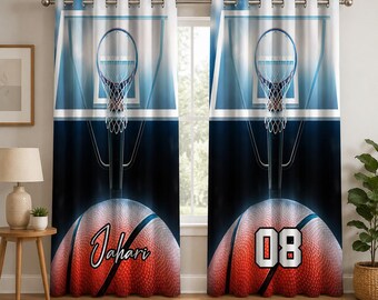 Cortinas de dormitorio con diseño de baloncesto y nombre, cortinas personalizadas para ventanas, decoración personalizada para habitaciones deportivas.
