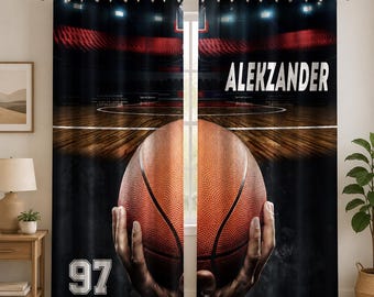 Cortinas de baloncesto personalizadas con nombre, juego de cortinas para ventana personalizadas, decoración deportiva para dormitorio infantil.
